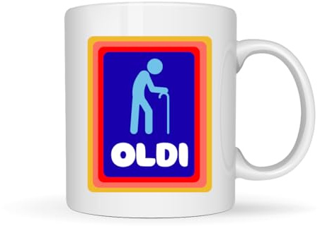 Oldi Man Mug — A Novelty Funny Old Age Coffee Mug Featuring Walking Cane Design, Large 11oz White Ceramic Mug with Heavy Duty Handle, Perfect for Birthdays, Retirement & Funny Gift Occasions