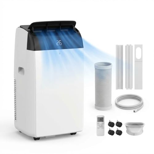 10000 BTU Portable Air Conditioner, 5-in-1 Mobile AC Unit with Cooling, Dehumidifier (30L/Day), Fan - 3 Fan Speeds - 24-Hour Timer - Sleep & Quiet Modes - Low Noise - Energy Class a -
