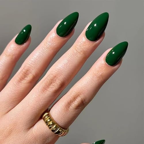 Dark Green Press on Nails Medium Almond Solid Fake Nails Designs Light Green False Nails Full Cover Glossy for Women Girls Daily Wear Manicure Decoration 30Pcs