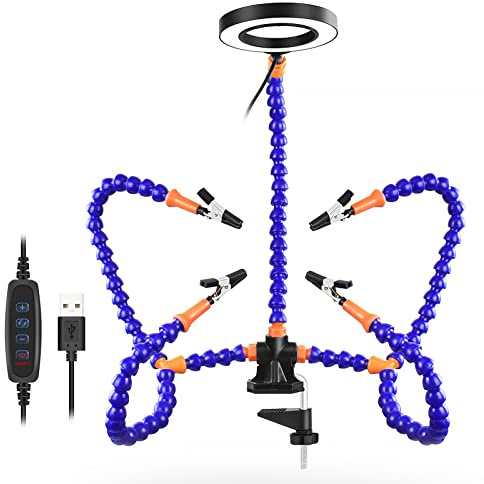 Cocoarm Beleuchtung LED-Lupenlampe mit PCB-Befestigung, Helfende Hände, ABS 5X 55-mm-Linse, 3 Lichtmodi, 11 Helligkeit, 3 Flexible Arme, Klemmsockel Zum Löten von Elektronik-Heimwerkern (BLUE)