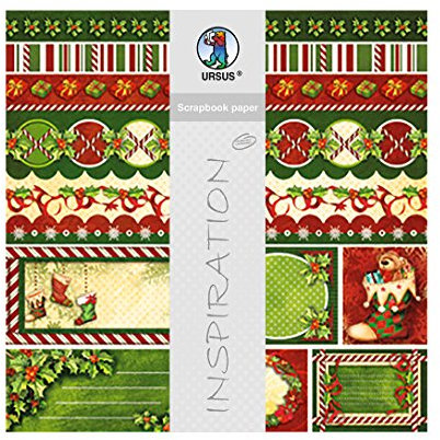 Ursus 703000218 - Premium Glitter Scrapbook paper, Happy Christmas, ca. 30,5 x 30,5 cm, 190 g/qm, 5 Blatt mit Banderole, beidseitig bedruckt, Vorderseite mit Glitter veredelt, Motiv 218