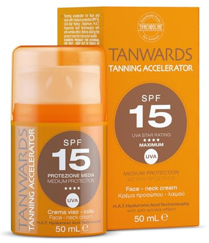 Synchroline - Tanwards Gesichtscreme Bräunungsbeschleuniger 50 ml | Gesicht, LSF 15, mit Tyrosin, Erythrulose, Hyaluronsäure und MSM, Mittlerer Sonnenschutz, Made in Italy