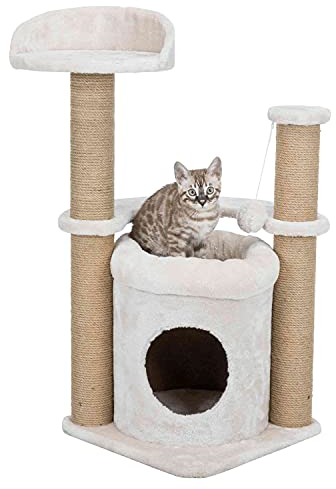 TRIXIE Nayra Kratzbaum für Katzen, 82,7 cm, mit Jute umwickeltem Pfosten und großer Höhle & baumelndem Katzenspielzeug, in Greige-Brawn