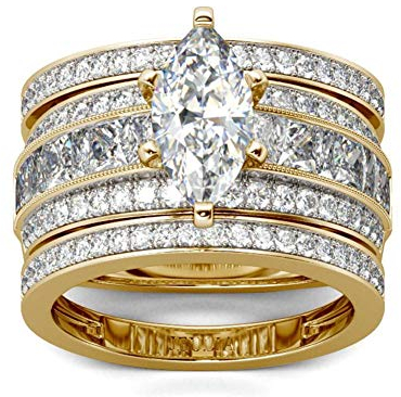 Jeulia 3 Stück Damen Ringe Set Sterling Silber Marquise-Schliff Diamant Ringe Schmuck für Braut Hochzeit Band Verlobungsring (54 (17.2)) (Gelb Vergoldet, 54 (17.2))