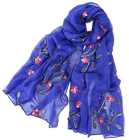 Pluto & Fox Damen Foulard bestickt mit Blumen Seidenschal Elegantes Retro-Design Schal Halsstola (Königsblau)