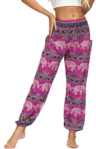 Nuofengkudu Damen Hippie Harems Hose Pumphose Haremshose Aladdinhosen Boho Gemustert Gesmockte Taille mit Taschen Yogahose Freizeithose Sommerhose Strandhose(Y-Elefant Rose,One Size)