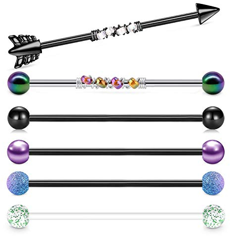 Rajnard Industrial Piercing Langhantel Ohrringe 14G Chirurgische Edelstahl Opal Herzgerüst Industrial Piercing Schmuck Clear Retainer Bar 38mm für Frauen Männer Schwarz