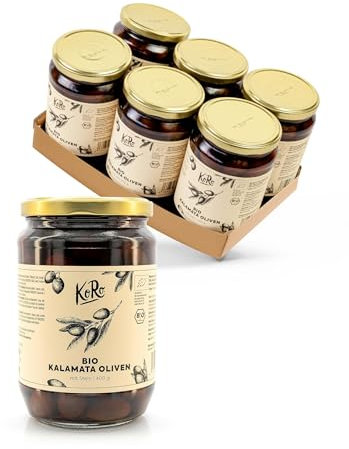 KoRo - Olive Kalamata bio con nocciolo 6 x 400 g - gusto unico - olive naturali in salamoia - originali dalla Grecia - ideali per antipasti e aperitivi