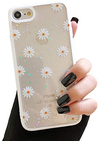 ZTOFERA TPU Back Case for iPhone 7 Plus/iPhone 8 Plus, Glitter Daisy Translucent Design Liquid Silicone Case, Anti-scratch Shockproof Flexible Bumper Cover for iPhone 7 Plus/8 Plus - White Daisy