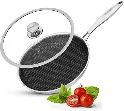 INTIGNIS Premium Frying Pan with Lid – 28 cm/ 11 Inches – Non-Stick | Scratch Resistant | Extra Deep Large | Chemical Free | Stainless Steel Skillet | Honey Comb Hybrid Pan