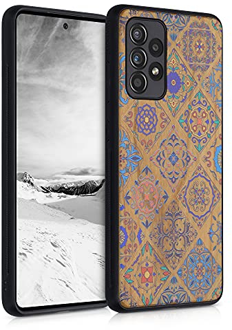 kwmobile Hülle kompatibel mit Samsung Galaxy A52 / A52 5G / A52s 5G Hülle - Holz Case - Handy Cover - TPU Handyhülle in Mehrfarbig Braun Holz Marokkanische Fliesen