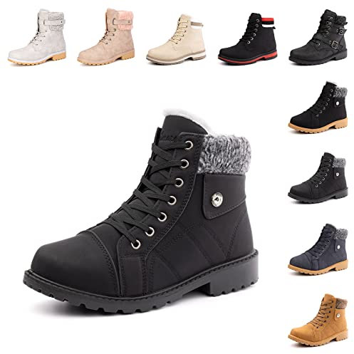 Hitmars Winterstiefel Damen Warme Winterschuhe Gefüttert Kurzschaft Absatz Stiefel Winter Geschnürt Stiefeletten Schneestiefel Alles Schwarz 38 EU