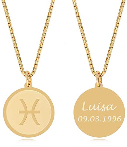TIMANDO Damen Sternzeichen Kette Fische mit Gravur, Personalisierte Halskette mit Namen in goldfarben, Horoskop Anhänger, Geburtstagsgeschenk