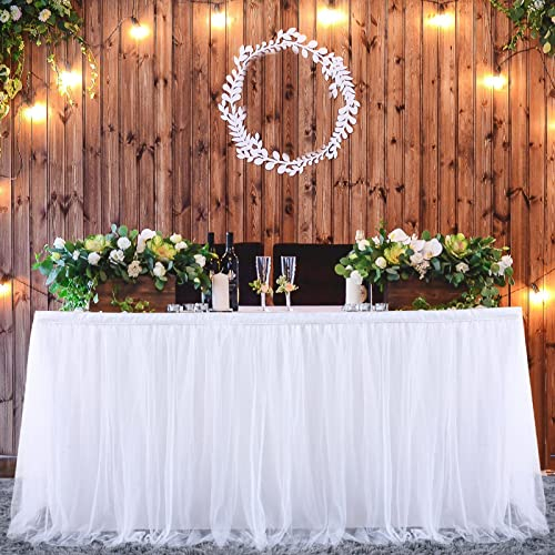 Htper Weiß Tüll Tischröcke für Babyparty, Tischdekoration Tutu Tischrock für Kuchen, Geburtstag, Taufe, Hochzeitstische, L183×H76cm