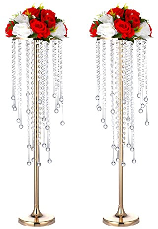 2x74.9 cm goldene Blumenvasen, mit Kronleuchter, Kristall, Hochzeitsaufsätze, für Tische, goldenes Metall, Blumenständer, Arrangement, große Metall-Tafelaufsätze, Zeremonie, Dekoration