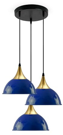 LEDSone Industrial 3 Head Ceiling Pendant Light Navy Blue 21 Cm Dome Lampshade with Adjustable Cable and E27 Socket for Dining Room, Kitchen Island, Bedroom, Hallway