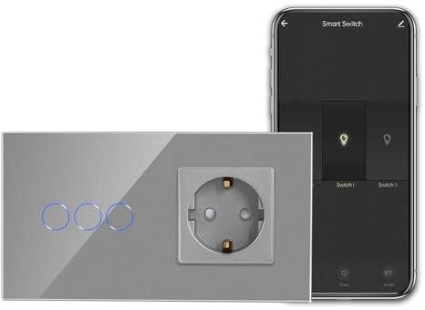 CNBINGO Socket con WLAN Light Switch - Smart Touch Switch de 3 bandas de con Alexa/Google Home, Smart Life App - con panel de vidrio y LED de estado - Se requiere una escalera neutral