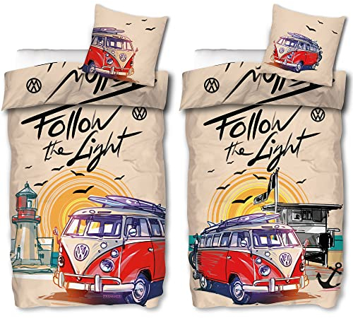VW Volkswagen Bulli Bettwäsche Follow The Light 135 cm x 200 cm + 80 cm x 80 cm 100% Baumwolle Renforcé-Linon-Qualität VW-Bus T1 Camper Van 2 Motive Retro Wendebettwäsche Reißverschluss 187