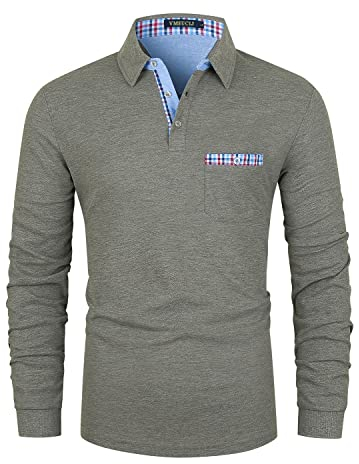 VMSUCIJ Men's Polo Long Sleeve Plaid Denim Stitched Cotton Golf T-Shirt with Real Pocket M-3XL,Grey,XL