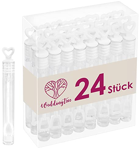WeddingTree Bolle di Sapone per Matrimonio 24 Flaconcini con Manico a Cuore | Idea Originale per Compleanno, Fidanzamento, San Valentino, Battesimo, Comunione | Wedding Bubbles