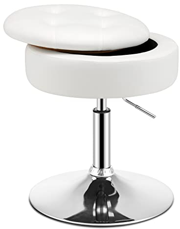 GOPLUS Schminkhocker drehbar, Ottomane mit Deckel, Drehhocker höhenverstellbar 51-56cm für Wohnzimmer & Schlafzimmer (Weiß)