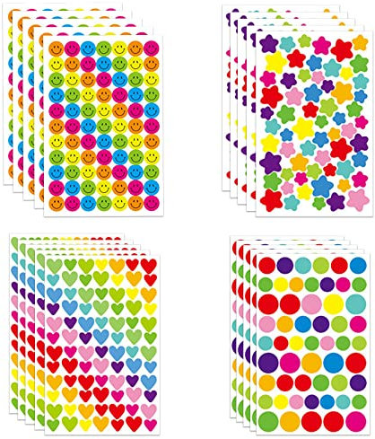 vgggrd 20 Feuilles Gommettes Autocollantes Enfants, 1375 Pièces Kids Stickers Forme de Coeurs Étoiles Pois Autocollants Colorés pour DIY Accessoires Activites Manuelles pour Enfants