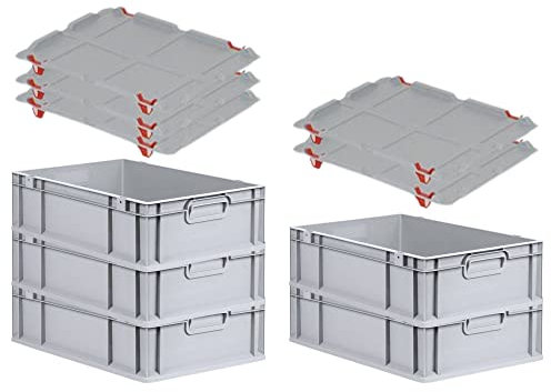 PROREGAL SuperSparSet 5x Eurobox NextGen Grip mit Auflagedeckel & 4 roten Schiebeschnappverschlüssen, HxBxT 17x40x60cm, 34 L, Grau, Griffe geschlossen, Eurobehälter, Transportbox