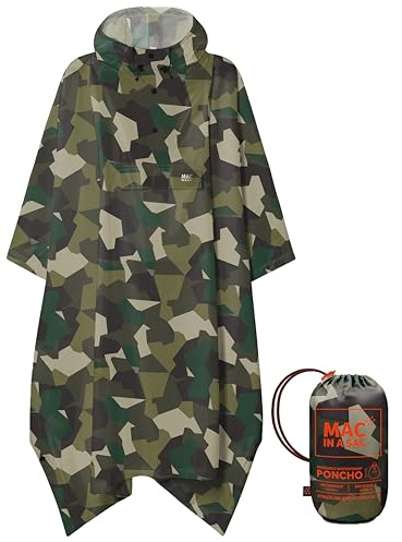 Mac in a Sac Poncho - Packable Waterproof Cape for Men & Women - Lightweight, Windproof & Breathable Rain Jacket with Hood & Cycle Wrist Straps - Green Camo