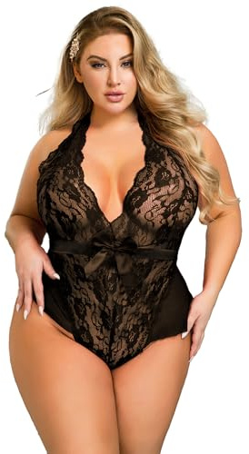 ohmydear Plus Size Lace Bodysuit Lingerie Sexy Mesh Teddy Babydoll UK 8-22 | See Through Nightwear, Deep V Neck, Ruffle Trim, Ribbon Waist Belt, Rave Outfit Ideal for Date Nights, Boudoir, Honeymoon