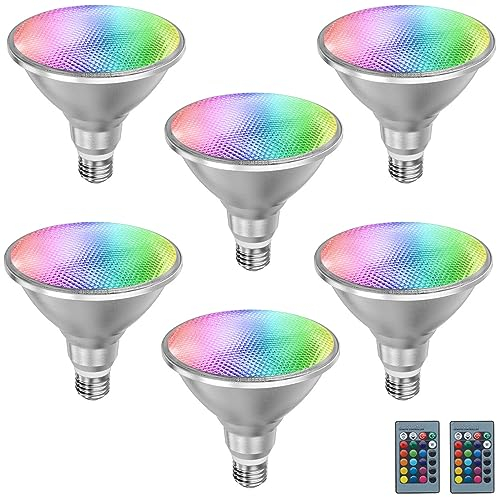 TPMAFF PAR38 Strahler-Glühbirne, 20 Watt, LED/COB, dimmbar, RGB-Farbwechsel, Flutlicht-Glühbirne, mit Fernbedienung, 85–265 V AC Universalspannung, 120° Abstrahlwinkel, IP65, E27-Sockel (6er-Pack)