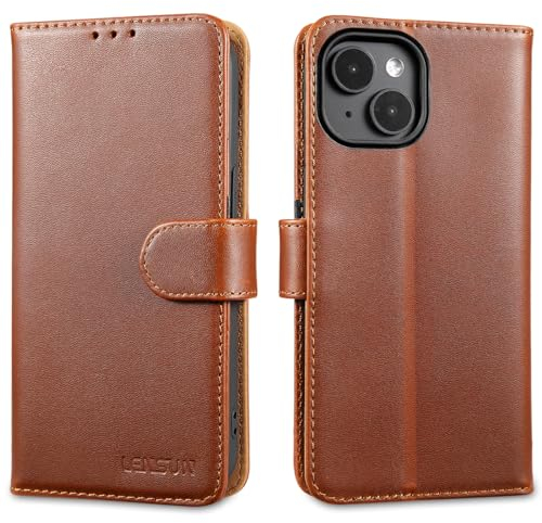 LENSUN Echtleder Hülle für iPhone 15, Handyhülle Echt Leder [Standfunktion][RFID Schutz] Handytasche Schutzhülle Klappbar für iPhone 15 5G(6,1) - Dunkel Braun