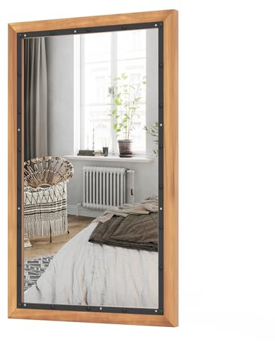 HOMASIS rechteckiger Wandspiegel, 55 x 90 cm groß, dekorativer Spiegel mit Holzrahmen & Haken, rustikaler Hängespiegel, bruchsicherer Holzspiegel Badspiegel für Flur Wohnzimmer Schlafzimmer, Braun