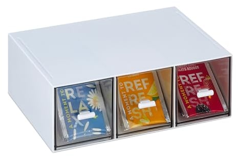 Relaxdays Boîte à thé, 3 Compartiments, Plastique, Poser verticalement ou horizontalement, empilable, Blanc/Transparent