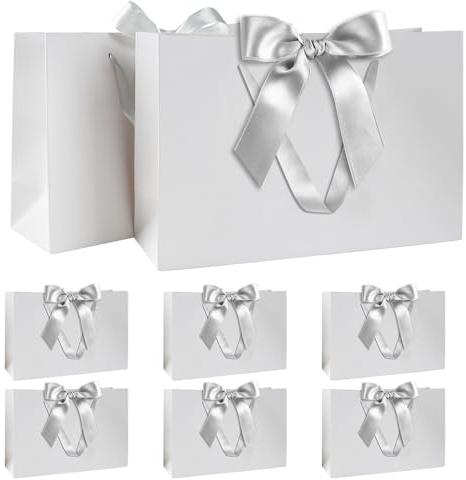 Geschenktüten Set, Weiß Geschenktüte mit Schleife Geschenktüte mit Henkel 8 Stück 30x20x10cm Geschenktüten für Weihnachten Geburtstag Hochzeit