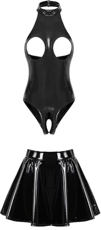 CHICTRY Damen Lack Leder Body Busenfrei Catsuit Offener Schritt Dessous Mit A Linien Rock Latex Minirock Pole Dance Outfit Schwarz 4XL