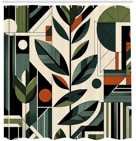 ABAKUHAUS Mid Century Modern Duschvorhang, Abstraktes Design von futuristischem Boho Dschungel und geometrischen Blättern, Stoffliches Gewebe mit Haken, 175 x 200 cm, Blasses Resedagrün Grau