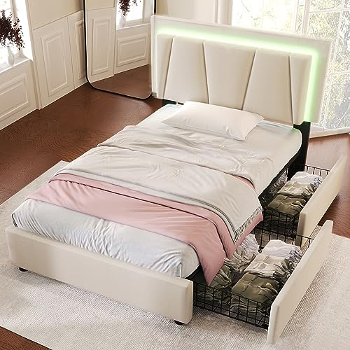 LATICO Einzelbett 90x200 Polsterbett mit 2 Stauraum Schubladen, Kopfteil mit LED, Stauraumbetten Bettgestell mit Lattenrost aus Holz, Rückenlehne Jugendbett Kinderbett, Ohne Matratze, Leinen Beige