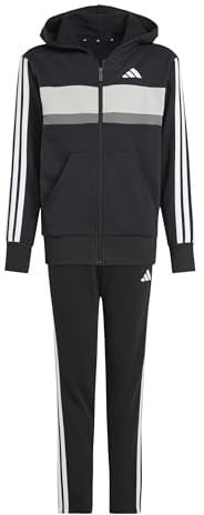 adidas Unisex Kinder SEASONAL ESSENTIALS TIBERIO 3 STRIPES FLEECE TRACKSUIT, black/white/grey two, 11-12 Years