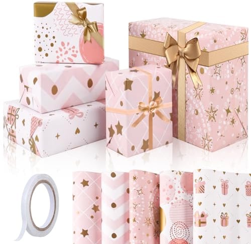GAOHUI Pink Wrapping Paper, Birthday Wrapping Paper with Tape - Cute Girls Gift Wrap Sheets for Christmas, Mothers Day, Valentine Day, Birthday, Wedding, Baby Shower