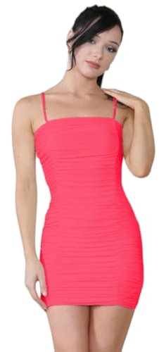 Alam Exclusive Mini robe moulante sans manches avec bretelles froncées pour femme Tailles 34-40, rose fluo, 36