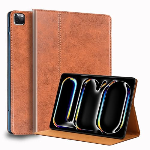 Gexmil Lerder Hülle für iPad Pro 11 Zoll (M5/M4) 2025/2024 mit Einstellbarer Ständer,Protective Stoßfest Echt Leder Smart Folio Cover Automatischer Schlaf/Aufwachen rutschfest, Braun