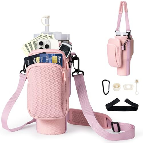 Stanley Cup Holder with Stretchable Strap, for Stanley Accessories 40 oz Tumbler with Handle, Stanley Cup Carrier Bag & Case, Water Bottle Holder Stanley Purse, Pink