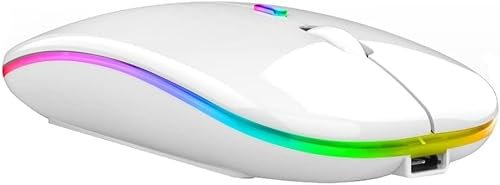 Rechargeable Wireless Mini LED Mouse, Slim Silent Cordless Design, Adjustable Levels, Noiseless, USB Receiver, Compatible with PC, Laptop (White)