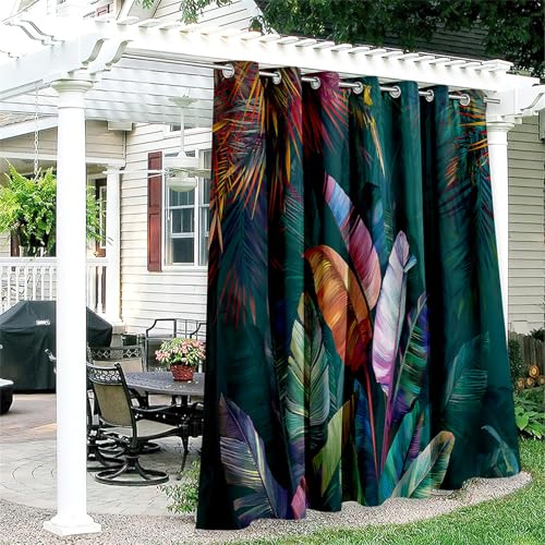 Hiseng Outdoor Vorhang Wetterfest mit Ösen 1 Stück Tropenpflanzen Balkon Outdoorvorhänge Wasserdicht Blickdicht Vorhang Outdoor Sichtschutz Vorhänge für Garten Terrasse (180x213cm,Palmblätter)