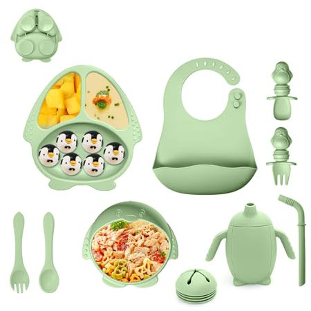 Vajilla Bebe, 10 Piezas Vajilla Bebe Silicona con Platos y Cuencos, Cuchara Bebe,Babero Silicona Bebe, Vajilla Infantil Antideslizante Con Ventosa,Libre de BPA Platos Bebe