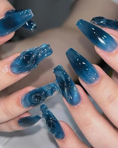 OXDOHUE 24 pièces Faux ongles au design océan tridimensionnel bleu foncé avec colle, adaptés aux mariages et aux rendez-vous