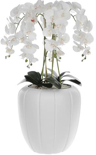 botle Weiß Künstliche Orchidee Kaskaden Blumenstrauß im Weiß Topf, ca. 90 cm Hoch, gummierte Blumen, 5 Triebe Heimbüro Dekoration