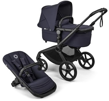 Bugaboo Fox 5 Renew, 2-in-1 Kinderwagen für jedes Gelände, mit Liegewanne und ausziehbarem Kleinkindsitz, praktische Ein-Hand Faltung, Fahrgestell in Schwarz und Sonnendach in Deep Indigo