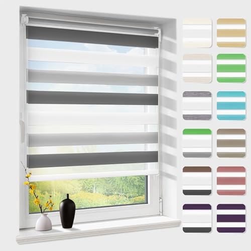 Doppelrollo klemmfix ohne Bohren, Duo Rollos für Fenster & Tür mit Bohren, Weiß Grau Anthrazit B60 x H120cm (Stoffbreite 56cm), Fensterrollo lichtdurchlässig & verdunkelnd, Klemmrollo Sonnenschutz