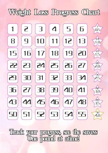 Tostmrks Weight Loss Tracker Chart - 55 Squares, A4, Pink Marble Design with Star Milestones, Includes Gold Star Stickers, Ideal for Daily Motivation and Progress Tracking